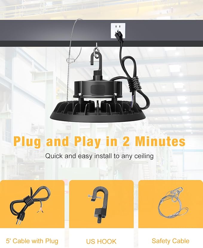 UFO LED High Bay Light 240W, High Bay LED Shop Light 36,000LM 0-10V Dimmable, 5' Cable with US Plug, Hanging Hook, Safe Rope, ETL Listed High Bay for Warehouse Factory Barn Shop