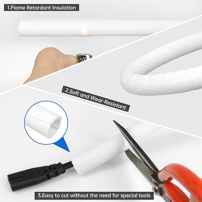Split Braided Cable Sleeve，Flexible Wire Loom Tubing, Automotive Cord Protector Pet Proof, Cable Management for Computer TV Electric Wires Harness 16ft (White, 8mm（5/16")