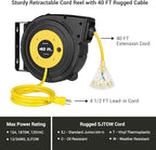 DEWENWILS 40FT Retractable Extension Cord Reel, Heavy Duty Power Cord Reel with 3-Lighted Triple Outlets, 12AWG/3C SJTOW Cord, 15A Circuit Breaker, Wall/Ceiling Mounted, UL Listed, Yellow
