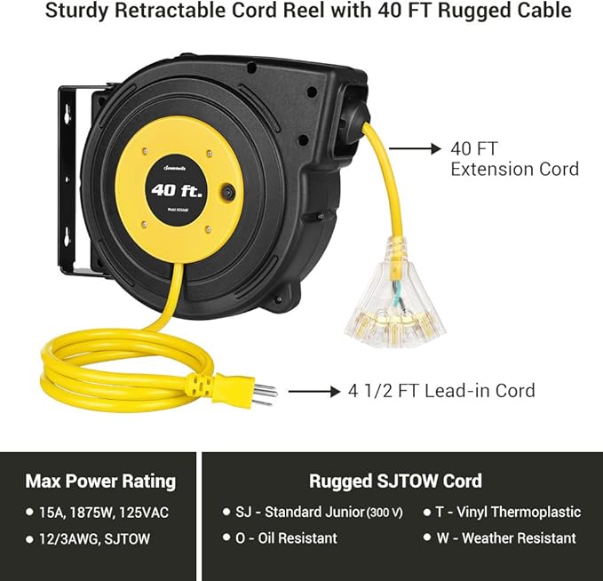 DEWENWILS 40FT Retractable Extension Cord Reel, Heavy Duty Power Cord Reel with 3-Lighted Triple Outlets, 12AWG/3C SJTOW Cord, 15A Circuit Breaker, Wall/Ceiling Mounted, UL Listed, Yellow