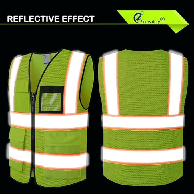 Reflective Mesh Safety Vest for Men Women with 8 Pockets and Zipper Front High Visibility Mesh Vest Hi Vis Construction Work Vest,Meets ANSI/ISEA Standards(EKH1-Yellow-3XL)