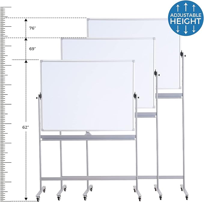 Large Double Sided Whiteboard 72x40 inches on Wheels, Height Adjustable Mobile Magnetic Dry Erase Board with Rolling Stand for Office Meetings, Classroom Teaching, Home, Silver Frame