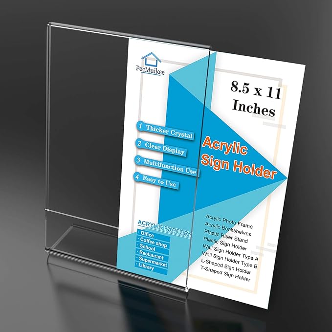 PecMuikee Slant Back Acrylic Sign Holder 8.5 x 11, Clear Picture Photo Frames Display Stand- Freestanding Tabletop Display Stand for Retail, Office, Restaurant , Flyers and Posters (30 Pcs)
