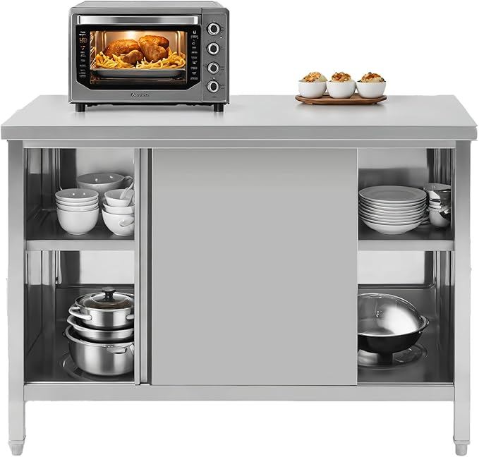 Hally Stainless Steel Cabinet, 30" x 60" NSF Commercial Heavy Duty Prep Workbench with Two Sliding Doors, Large Storage Cabinet, Metal Table for Kitchen, Restaurant, Garage