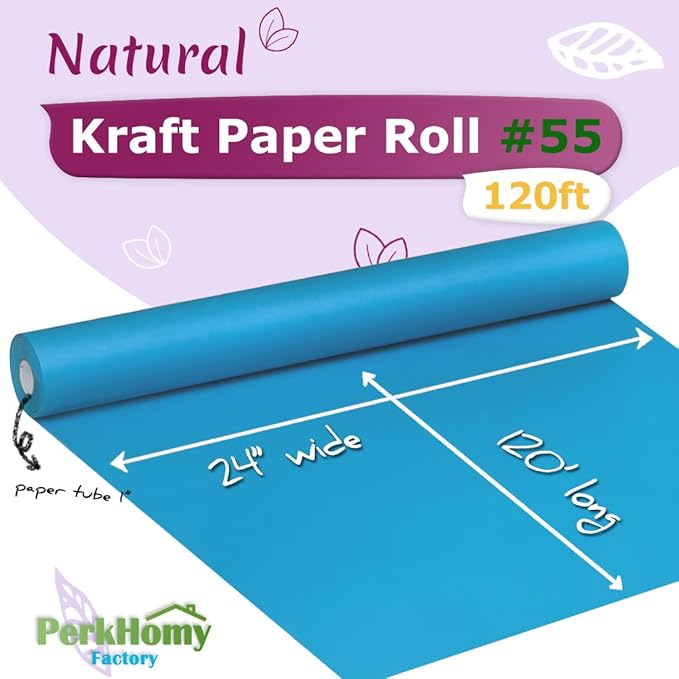 PerkHomy 24" x 1,440" (120') Lake Blue Kraft Paper Roll for Craft Bulletin Board Paper Art Table Covering Crafting Gift Wrapping Bouquet Packing Parcel 80GSM 55LB (Lake Blue, 24" x 120')