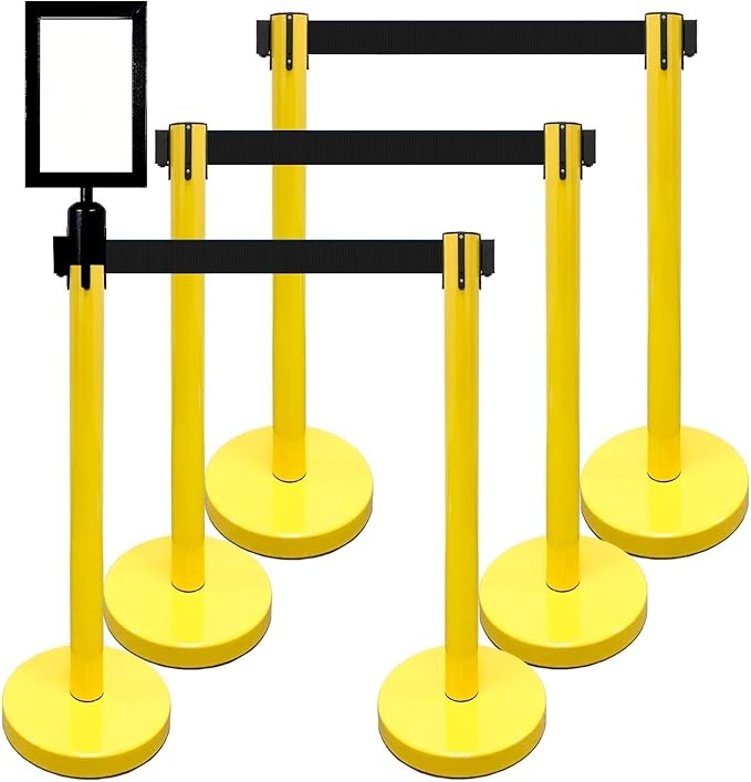 Retractable Stanchion, 6 SPECIALTY Posts + Signframe, 36" Ht, 78" Special Event & Holiday Theme Belt + Bonus Replacement Cassettes + Wall Receiver (YEL Post/Black Belt)