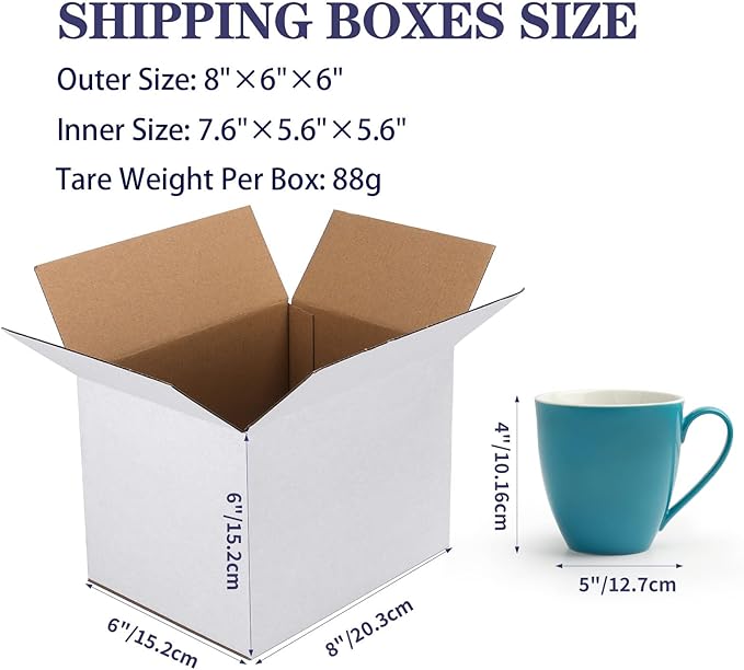 6 Pack Shipping Boxes 8x6x6 Inches, White Corrugated Cardboard Mailing Box for Packing, Mailing, Small Business