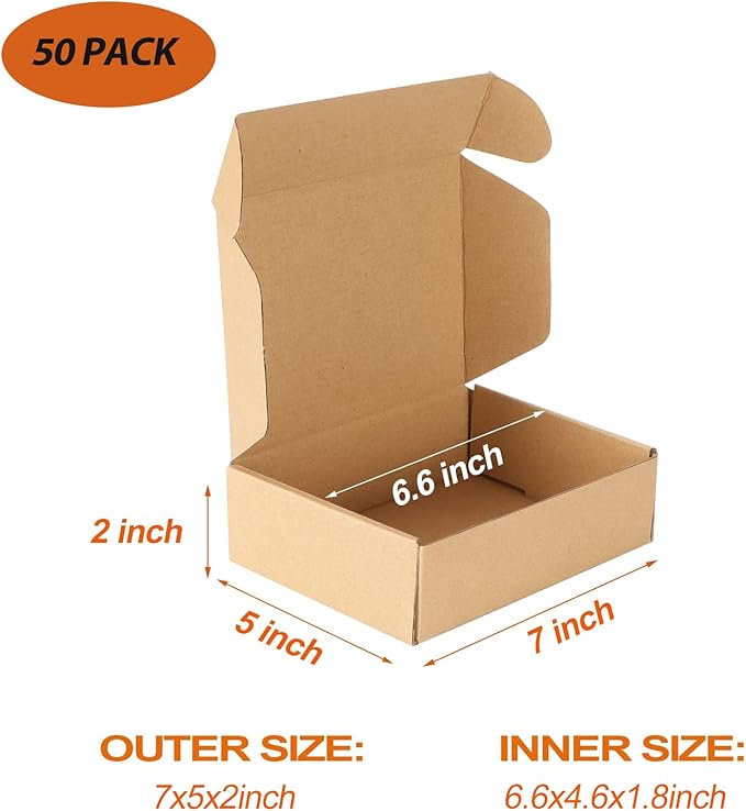 PHAREGE 7x5x2 inch Shipping Boxes Bulk 50 Pack Brown, Tab Lock Tuck Top Mailer Boxes for Packaging Small Business, Small Cardboard Gift Boxes for Wrapping Mailing Present