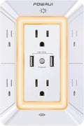 USB Wall Charger, Surge Protector, POWRUI 6-Outlet Extender with 2 USB Charging Ports (2.4A Total) and Night Light, 3-Sided Power Strip with Adapter Spaced Outlets - White，ETL Listed
