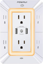 USB Wall Charger, Surge Protector, POWRUI 6-Outlet Extender with 2 USB Charging Ports (2.4A Total) and Night Light, 3-Sided Power Strip with Adapter Spaced Outlets - White，ETL Listed