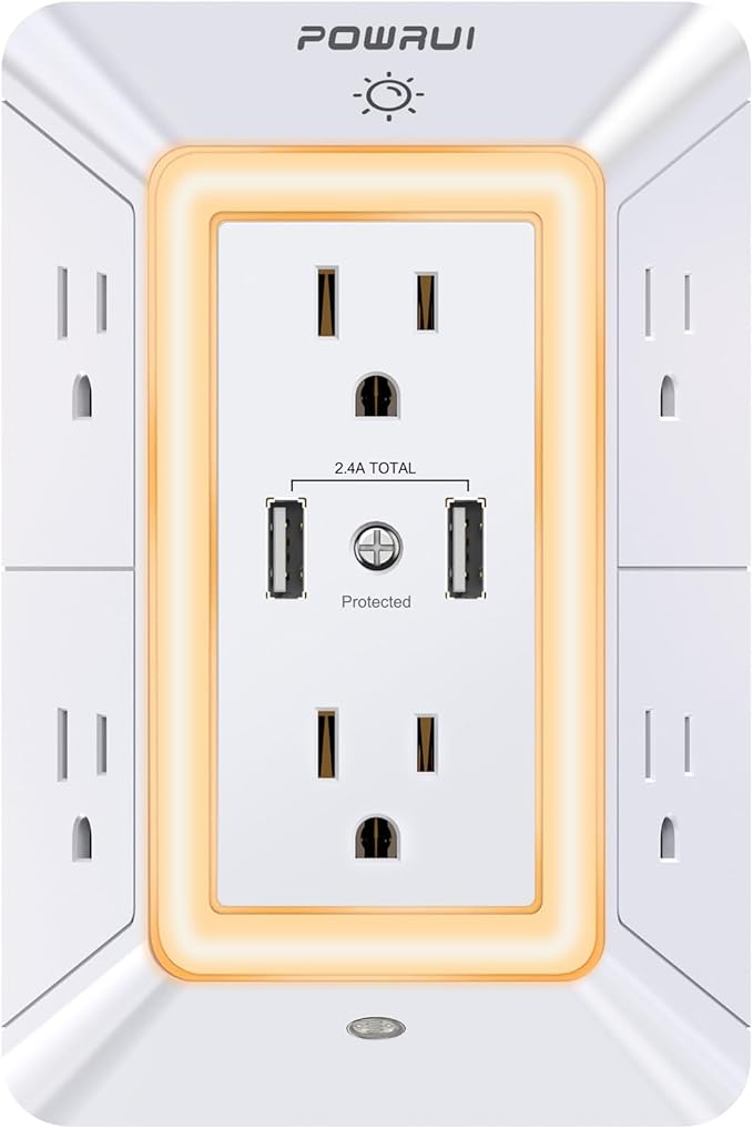 USB Wall Charger, Surge Protector, POWRUI 6-Outlet Extender with 2 USB Charging Ports (2.4A Total) and Night Light, 3-Sided Power Strip with Adapter Spaced Outlets - White，ETL Listed