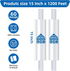 15in Stretch Wrap Roll with Handle, Heavy Duty 1200ft Shrink Wrap Roll, Clear 60 Gauge Industrial Strength Stretch Film with Extended Cardboard Handles, Plastic Wrap for Pallet Packing Moving(2 Rolls)
