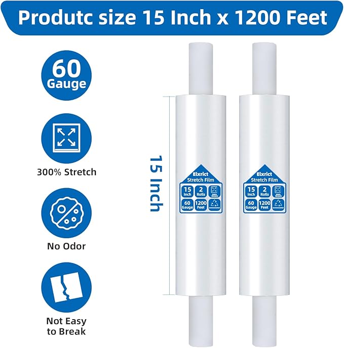 15in Stretch Wrap Roll with Handle, Heavy Duty 1200ft Shrink Wrap Roll, Clear 60 Gauge Industrial Strength Stretch Film with Extended Cardboard Handles, Plastic Wrap for Pallet Packing Moving(2 Rolls)