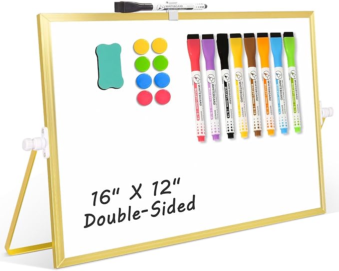 Magnetic Dry Erase White Board, 16" x 12" Double-Sided Golden Aluminum Frame Desktop Whiteboard with Stand, Portable Small Whiteboard Set for Drawing, Office, Home, School