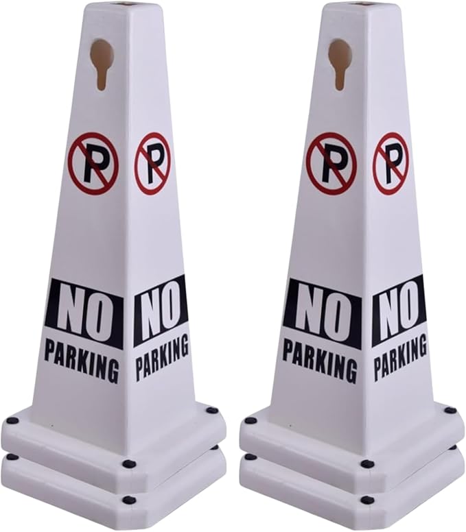 26.5" Caution Cones, 4-Sided Visible Safety Signs with Heavy Rubber Base, Warning for Slip & Fall Prevention, Indoor/Outdoor Use (4, No Parking-White, 26.5 inch)