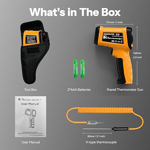 Infrared Thermometer Gun -58°F to 2732°F, IR Temperature Gun with K-Type Probe for Internal Readings, 50:1 High Temp Laser Thermometers Tool for Kilns, Furnaces, HVAC, BBQ Home & Industrial Use