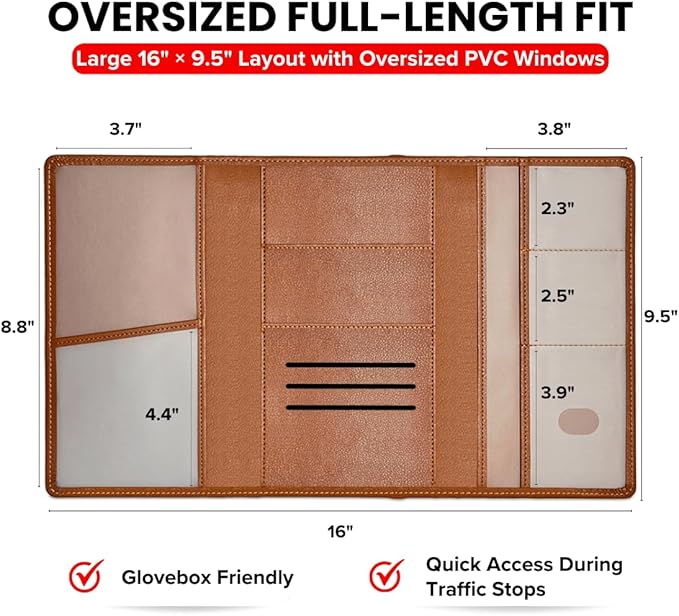 LINTRU Car Registration and Insurance Holder Trifold, Oversized Fit with Reinforced Construction, Matte PU Leather Vehicle Glove Box Organizer for Documents, Car Accessories for Men and Women