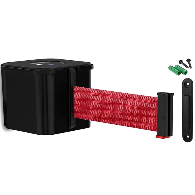 WM412 Retractable Belt Wall Mounted Smooth Black Crowd Control Barrier and Receiving End, 20' Red Belt