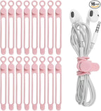 Nearockle 16Pcs Silicone Cable Straps Wire Organizer for Bundling Earphone, Phone Charger, Computer Cords, Reusable Cable Ties Cord Organizer in Home,Office,Kitchen,School(Pink)
