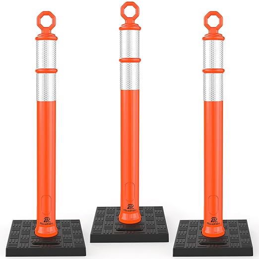 RoadHero 42 Inch Delineator Post with Base, Portable Orange Traffic Delineator Posts Cones with Reflective Collars for Parking Lots, Road Safety, Construction Events (3 Pack)