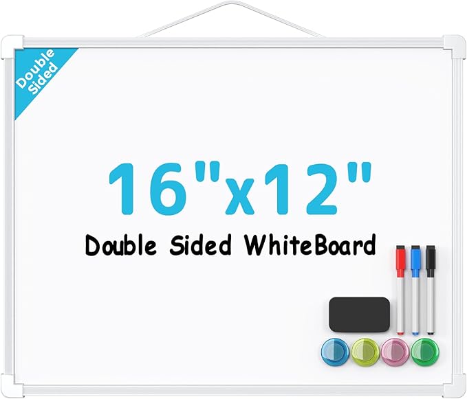 MaxGear Double-Sided Dry Erase Board for Wall, 16"x12" Hanging Whiteboard, Small Dry Erase White Board with 3 Markers & 4 Magnets, Portable Whiteboard for Planning, Drawing, Memo, to Do List