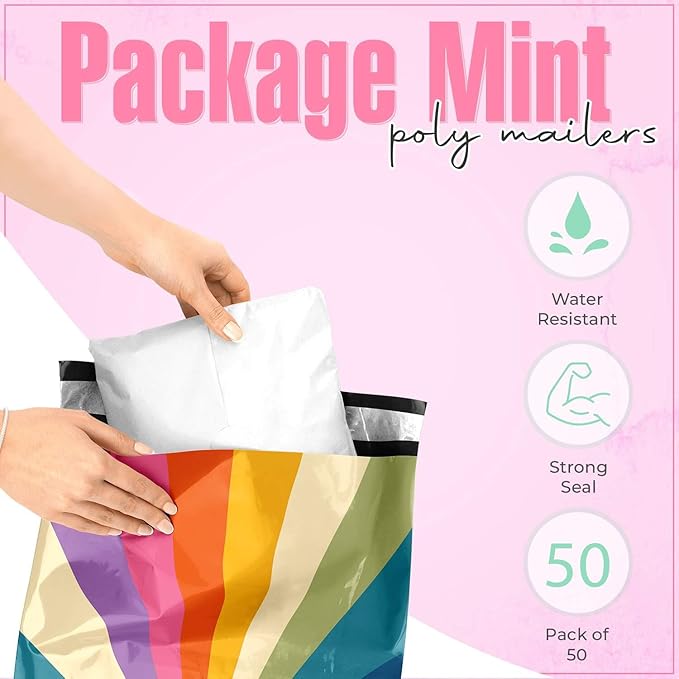 10x13 Poly Mailers – Retro Rainbow – Waterproof, Tear-Resistant Shipping Bags with Adhesive Seal – 50 Pack – Package Mint