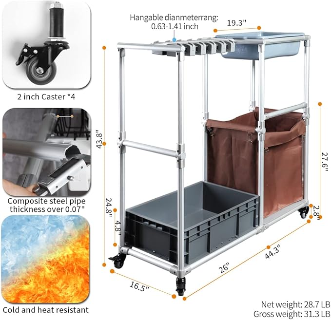 Janitorial cart Rolling Cleaning cart on Wheels for Cleaning Supplies Housekeeping Station Broom and mop Organizer