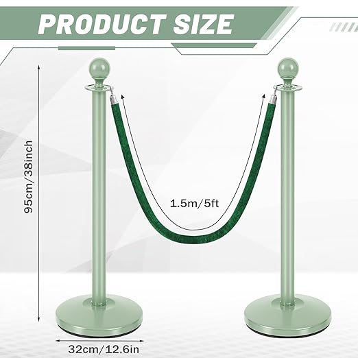 Ferraycle 4 Pcs Stainless Steel Stanchions Post Queue 38 Inch, 5 ft Velvet Rope Carpet Ropes and Pole, Control Barriers for Wedding Birthday Party Decoration Sand Injection Hollow Base Set (Green)