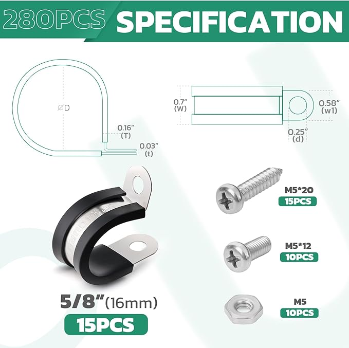15PCS 5/8 Inch Cable Clamps with 35PCS Screws Assortment Kit 304 Stainless Steel Rubber Cushioned Insulated Cable Clamp, Automotive Wire Pipe Clamps(16mm)