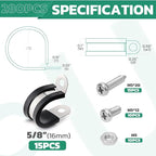 15PCS 5/8 Inch Cable Clamps with 35PCS Screws Assortment Kit 304 Stainless Steel Rubber Cushioned Insulated Cable Clamp, Automotive Wire Pipe Clamps(16mm)