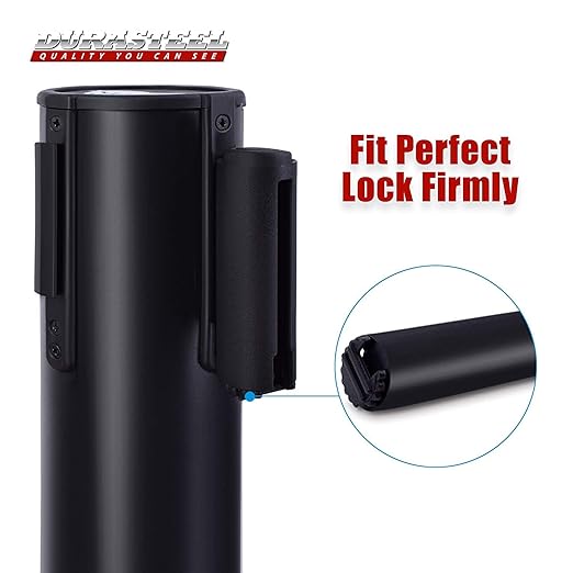 DuraSteel Crowd Control Barriers Line Dividers - Metal Stanchion Posts with 6.5ft Black Retractable Belt Ropes - for Store Queues, Airport Lines, Event Entries - 6 Set/Pack