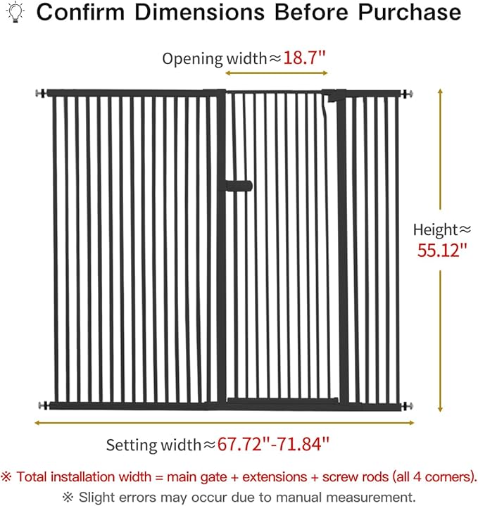 Lumizone Extra Tall Cat Gate 55.12" High Pressure Mounted Extra Wide 2025 New (17 Sizes) 1.37" Gap No Drilling Auto-Close One-Handed Operation Tall Pet Gate for Dogs(Black, 55.12" H x 67.72"-71.84" W)