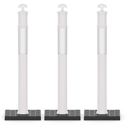 RoadHero 45 Inch Delineator Post with Rubber Base, Heavy Duty White Traffic Delineator Posts Cones with Reflective Collars for Parking Lots, Road Safety, Construction Events 3 Pack
