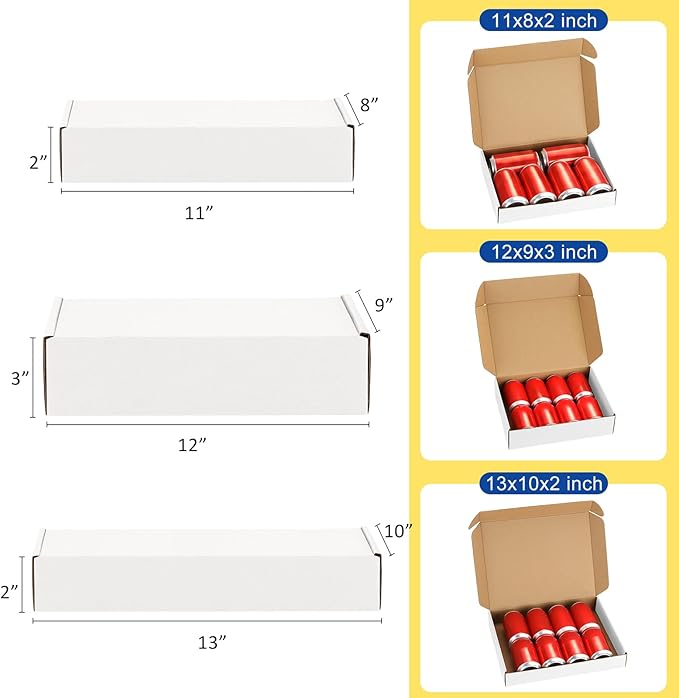 Assorted-Sizes-Shipping-Boxes-24-Pack: 11x8x2 & 12x9x3 & 13x10x2 Small-Shipping-Boxes-Mailers, White Corrugated-Cardboard-Boxes-for-Packing-Small-Business Mailing