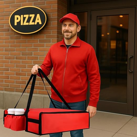 Insulated Pizza Delivery Bag with 4 Cup Holders, 24" x 6" Pizza Warmer Bag for Hot Pizza/Drinks, Pizza Carrier for Events, Large Food Delivery Carrier for Transport/Shopping/Catering, Red