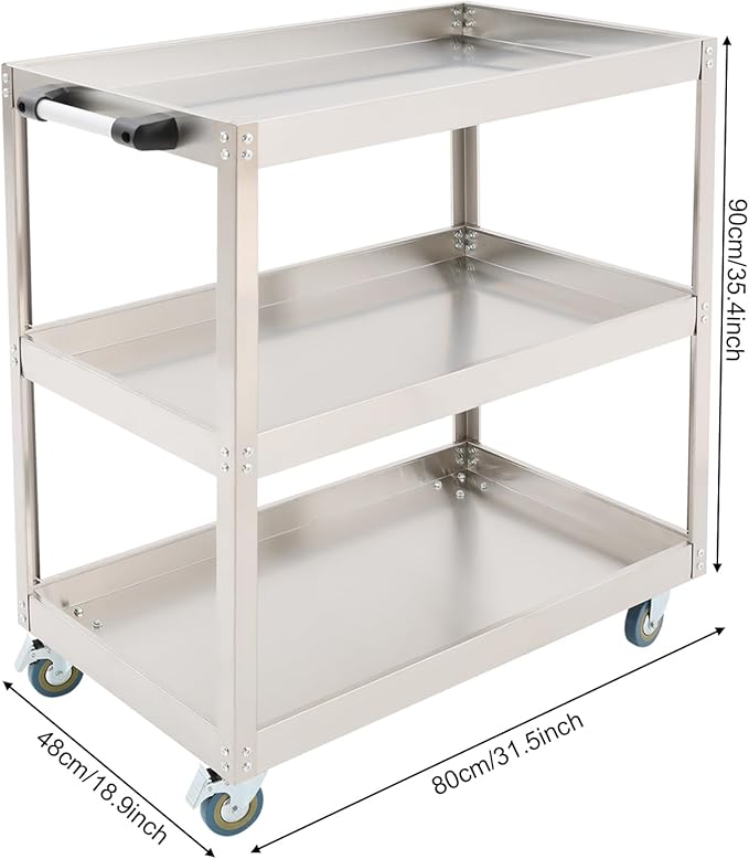 3-Tier Stainless Steel Utility Cart, 440lb Load-Bearing Heavy Duty Service Cart with 4 Locking Wheels, for Kitchen, Garage, Commercial Use