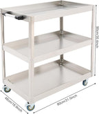 3-Tier Stainless Steel Utility Cart, 440lb Load-Bearing Heavy Duty Service Cart with 4 Locking Wheels, for Kitchen, Garage, Commercial Use