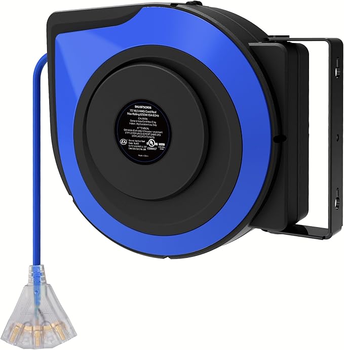 Retractable Cord Reel, 75 FT Heavy Duty Extension Cord, 14AWG/3C SJTOW, 3 Grounded Outlets Lighted Triple Tap, 10A Circuit Breaker, Wall/Ceiling Mounted, UL Listed, Blue U75CR06