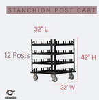 Trafford Industrial Stanchion Post Cart, 12 Posts, Horizontal Padded Storage and Locking Wheels for Safety