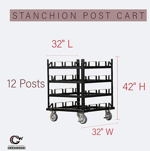 Trafford Industrial Stanchion Post Cart, 12 Posts, Horizontal Padded Storage and Locking Wheels for Safety