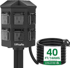 TiFFCOFiO Outdoor Power Strip with Stake Waterproof, 10 FT Extension Cord, 6 Grounded Outlets for Outdoor Lights, 14 AWG, 15A/1875W, ETL Listed (40 FT)