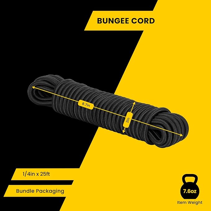 Bungee Cord Elastic Shock Cord 1/4" x 25' Bungee Rope for DIY, Tie Downs, Kayak and Outdoor - Black