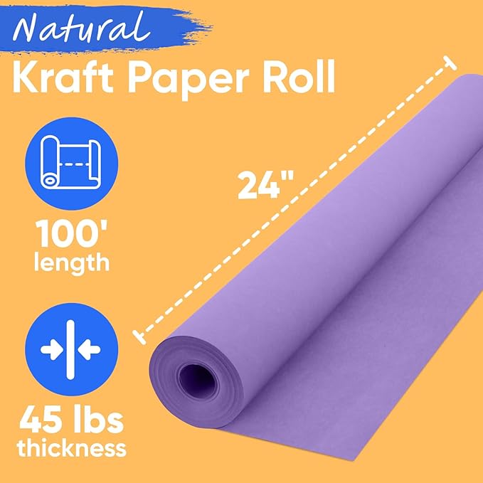 USA Made 24" x 1200" Lilac Kraft Paper Roll, 45 lbs Thickness, American Quality Colored Kraft Paper for School, Arts & Crafts, Bulletin Board - Odorless, Non-Toxic, Safe for Kids