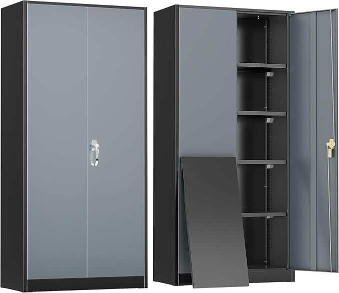 Greenvelly Metal Garage Storage Cabinet with 2 Doors and 4 Adjustable Shelves, 72”H Steel Lockable Storage Cabinet,Tall Metal Cabinet Locking File Cabinet for Office,Home, Garage, Gym, School