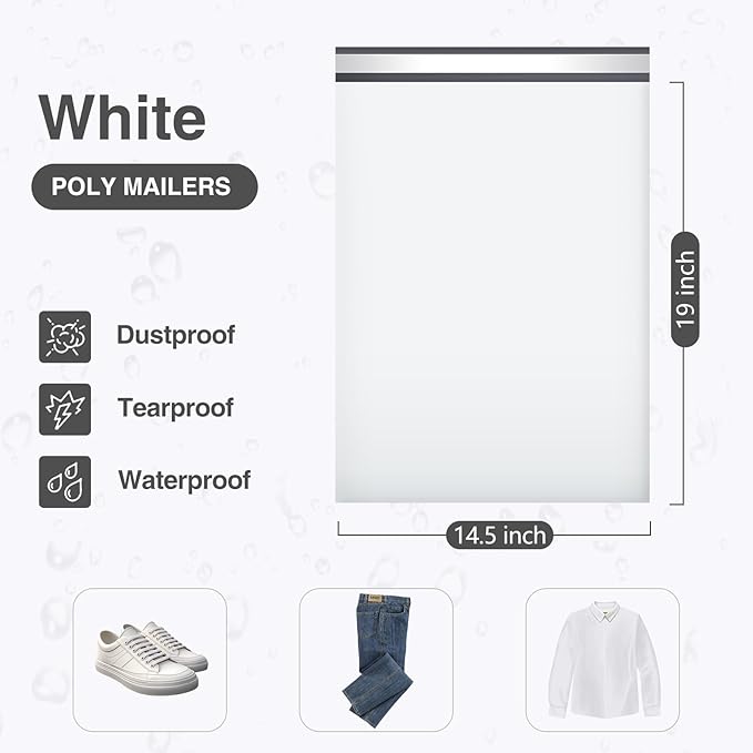 UCGOU Poly Mailers 14.5x19 Inch White 100 Pack Large Shipping Bags #7 Strong Thick Mailing Envelopes Self Sealing Adhesive Waterproof and Tear Proof Boutique Packaging Postal for Clothing