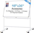 Dry Erase Board with Stand - 48x36 Inches Double-Sided Mobile Whiteboard with Stand, Large White Board on Wheels for Meeting, Training, Rolling Magnetic Whiteboard for Home Office Classroom School