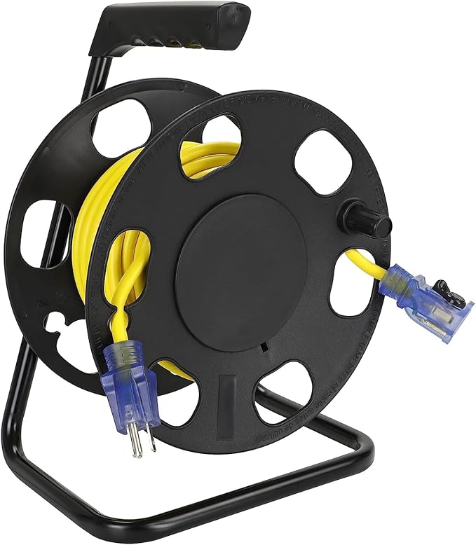 Clear Power 50ft 14/3 SJTW Yellow Outdoor Extension Cord & Heavy Duty Cord Storage Reel with Metal Stand, 3 Prong Grounded Plug, Lighted-Locking Connector, DCCO-9005-DC