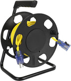 Clear Power 50ft 14/3 SJTW Yellow Outdoor Extension Cord & Heavy Duty Cord Storage Reel with Metal Stand, 3 Prong Grounded Plug, Lighted-Locking Connector, DCCO-9005-DC