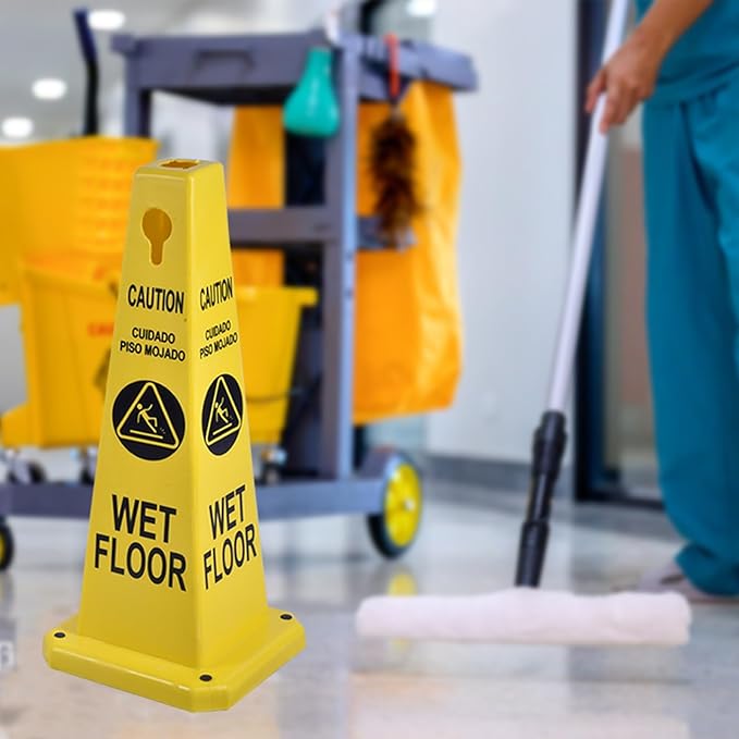 26.5" Caution Cones, 4-Sided Visible Safety Signs with Heavy Rubber Base, Warning for Slip & Fall Prevention, Indoor/Outdoor Use (8, Wet Floor Caution-Yellow, 26.5 inch)