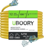 Outdoor Extension Cord Waterproof 100 FT, Yellow 12/3 SJTW Heavy Duty, Flexible 100% Copper 3 Prong Extension Cord for Lawn, Garage,UL Listed